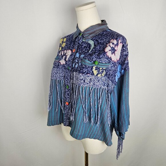 Vintage Passports Pier 1 Imports Floral Fringe Button Shirt Medium Blue Boho - Picture 2 of 10